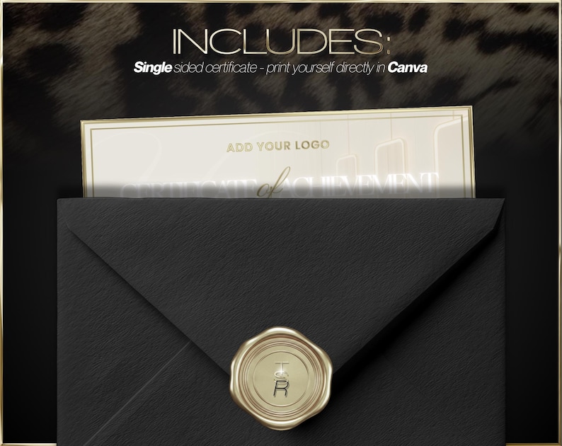 May include: A black envelope with a gold wax seal featuring the letter "R". A certificate with the text "Certificate of Achievement" is partially visible. The certificate has a gold border and the words "Add Your Logo".