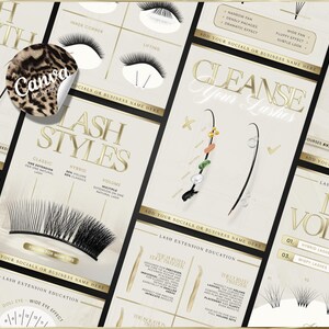 May include: An educational guide to lash extensions, featuring diagrams and text. The guide covers lash styles, cleansing instructions, and lash extension education. The colour scheme is gold and white with black text. A leopard print Canva sticker is visible.