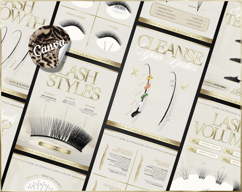 May include: An educational guide to lash extensions, featuring diagrams and text. The guide covers lash styles, cleansing instructions, and lash extension education. The colour scheme is gold and white with black text. A leopard print Canva sticker is visible.