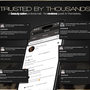 May include: A smartphone displaying Etsy reviews for beauty salon products. The screen shows customer testimonials and a shop owner's profile. The text "TRUSTED BY THOUSANDS" and "beauty salon professionals" is visible.