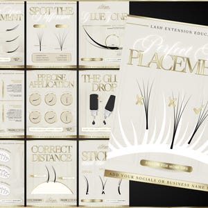 May include: A set of educational posters for lash extension techniques. The posters display text including "Perfect Fan Placement", "Precise Application", and "Correct Distance". The colour scheme is cream and gold.