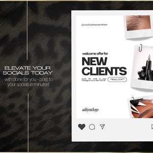 May include: A social media post template with a black and gold leopard print border. The white center features the text "ELEVATE YOUR SOCIALS TODAY" and "NEW CLIENTS". Includes images of eyebrows, a tattoo gun, and skin.