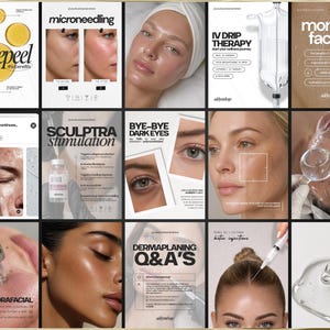 K&ouml;nnte beinhalten: Eine Collage von Bildern, die Hautpflegebehandlungen bewerben. Die Bilder enthalten Texte wie "Biorepeel", "Microneedling", "IV Drip Therapy", "Monthly Facials", "Sculptra Stimulation", "Bye-Bye Dark Eyes", "Hydrafacial" und "Dermaplaning Q&A's".