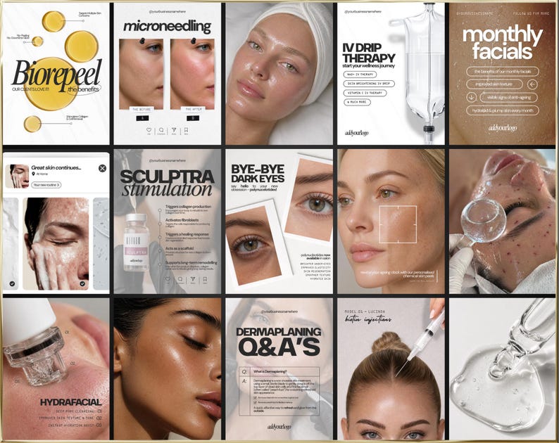 K&ouml;nnte beinhalten: Eine Collage von Bildern, die Hautpflegebehandlungen bewerben. Die Bilder enthalten Texte wie "Biorepeel", "Microneedling", "IV Drip Therapy", "Monthly Facials", "Sculptra Stimulation", "Bye-Bye Dark Eyes", "Hydrafacial" und "Dermaplaning Q&A's".