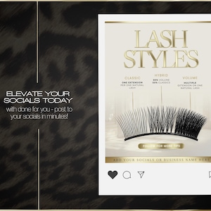 May include: An advertisement for lash styles, with the text "LASH STYLES" and information on classic, hybrid, and volume lash extensions. The image shows a set of black false eyelashes and social media icons.