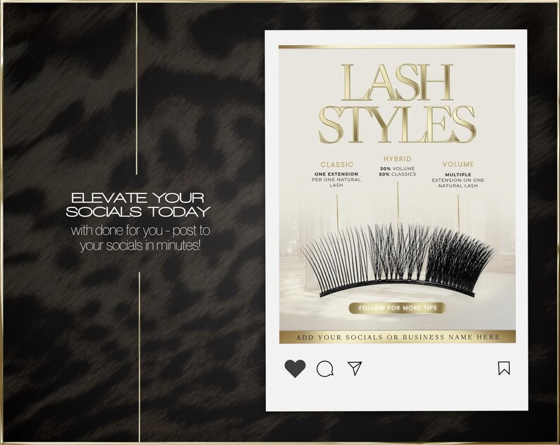 May include: An advertisement for lash styles, with the text "LASH STYLES" and information on classic, hybrid, and volume lash extensions. The image shows a set of black false eyelashes and social media icons.