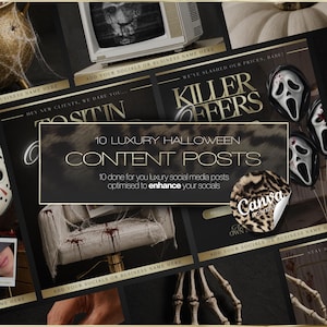 Puede incluir: Una colección de diez plantillas digitales para redes sociales con temas de Halloween, detalles dorados, máscaras de películas de terror, esqueletos y salpicaduras de sangre. El texto dice 10 LUXURY HALLOWEEN CONTENT POSTS.