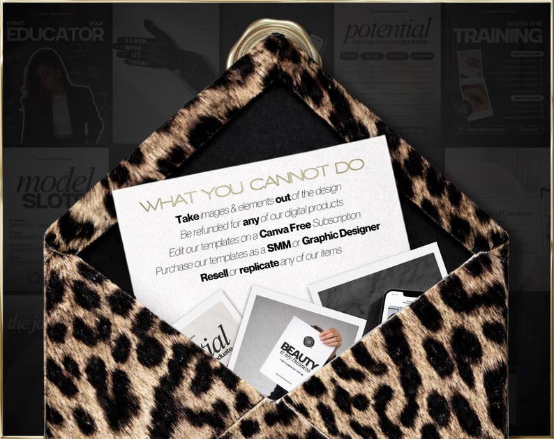 May include: An open envelope with a leopard print design, revealing several cards and a smartphone. The cards feature text and graphics, including the words "BEAUTY" and "WHAT YOU CANNOT DO". The background includes magazine covers.