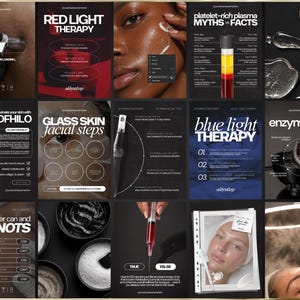 K&ouml;nnte beinhalten: Eine Collage von Bildern zu Hautbehandlungen. Die Bilder enthalten Texte wie "Red Light Therapy", "Profhilo", "Glass Skin" und "Enzyme Peel". Weitere Bilder zeigen Hautpflegeprodukte und -verfahren.