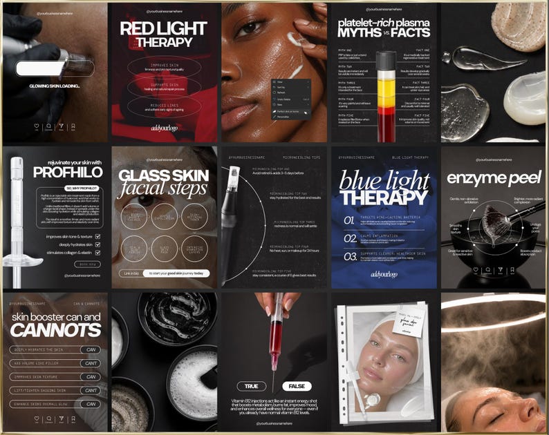 K&ouml;nnte beinhalten: Eine Collage von Bildern zu Hautbehandlungen. Die Bilder enthalten Texte wie "Red Light Therapy", "Profhilo", "Glass Skin" und "Enzyme Peel". Weitere Bilder zeigen Hautpflegeprodukte und -verfahren.