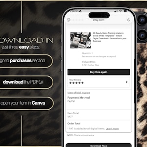 May include: A smartphone screen showing an Etsy digital download purchase. The product is "20 Beauty Salon Training Academy Social Media Templates." The phone has a leopard print case. The screen displays "Download Files." and "Buy this again."