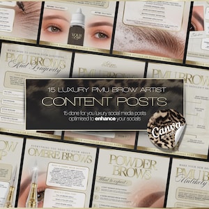 Può includere: Una collezione di 15 post per social media per artisti di sopracciglia PMU con modelli beige e oro, testo su sopracciglia ombre, sopracciglia powder e longevità, inclusa una grafica leopardata e un adesivo con il logo Canva.
