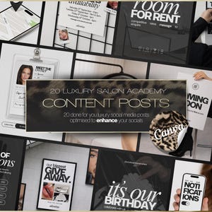 May include: A digital collection of 20 luxury salon academy content posts featuring black and white graphic designs, typography, and photography layouts. The central banner displays the text 20 LUXURY SALON ACADEMY CONTENT POSTS with a leopard print accent and a Canva logo sticker.