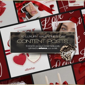 Peut inclure: Une collection numérique de dix modèles de réseaux sociaux pour la Saint-Valentin avec une palette de couleurs rouge et blanc, des images de lèvres, de cœurs, de bougies et de roses. Le texte central indique 10 LUXURY VALENTINE'S DAY CONTENT POSTS.