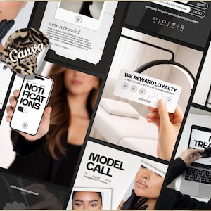 Puede incluir: Un collage de im&aacute;genes con tem&aacute;tica de belleza y bienestar. Incluye un tel&eacute;fono que muestra "NOTIFICATIONS", una tarjeta de fidelidad, un port&aacute;til con "NEW TREATMENT" y un folleto de "MODEL CALL". La combinaci&oacute;n de colores es negro, blanco y dorado.