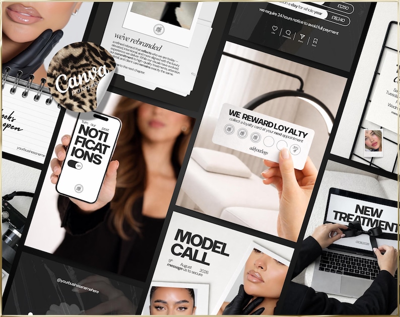 Puede incluir: Un collage de im&aacute;genes con tem&aacute;tica de belleza y bienestar. Incluye un tel&eacute;fono que muestra "NOTIFICATIONS", una tarjeta de fidelidad, un port&aacute;til con "NEW TREATMENT" y un folleto de "MODEL CALL". La combinaci&oacute;n de colores es negro, blanco y dorado.
