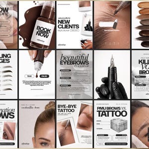 May include: A collage of informational graphics about eyebrow treatments. The images include text about brow mapping, healing stages, and combination brows. Other graphics show a bottle of brown pigment, a tattoo machine, and before-and-after photos.