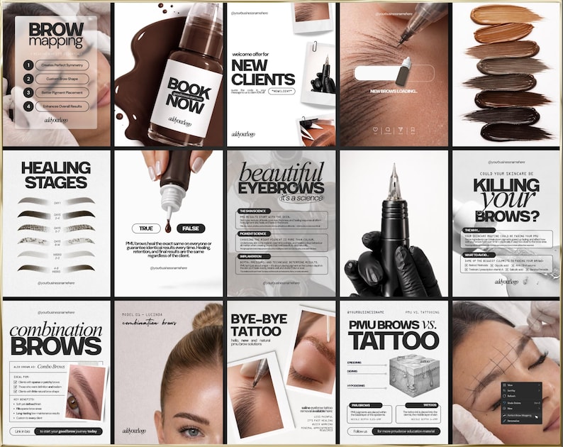 May include: A collage of informational graphics about eyebrow treatments. The images include text about brow mapping, healing stages, and combination brows. Other graphics show a bottle of brown pigment, a tattoo machine, and before-and-after photos.
