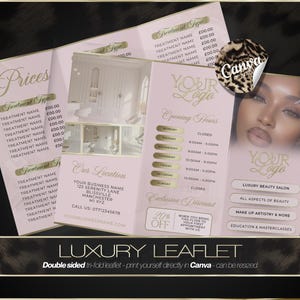 Plantilla de folleto tríptico para salón de belleza – Descarga digital de Canva