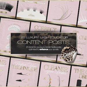 May include: A collection of twenty digital social media templates for lash educators, featuring a soft pink and gold colour palette. The central banner displays the text 20 LUXURY LASH EDUCATOR CONTENT POSTS with a leopard print background.