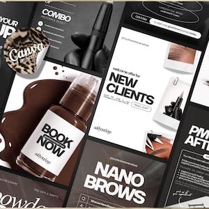 May include: A promotional image for a beauty service, featuring a bottle of brown liquid with the text "BOOK NOW". The image includes various marketing materials with text like "NEW CLIENTS" and "NANO BROWS", and a leopard print sticker with "Canva" on it.