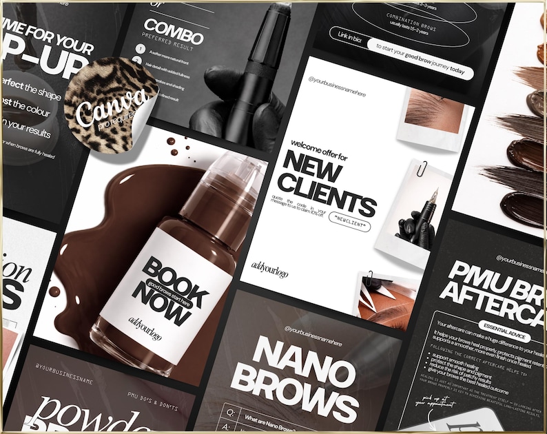 May include: A promotional image for a beauty service, featuring a bottle of brown liquid with the text "BOOK NOW". The image includes various marketing materials with text like "NEW CLIENTS" and "NANO BROWS", and a leopard print sticker with "Canva" on it.