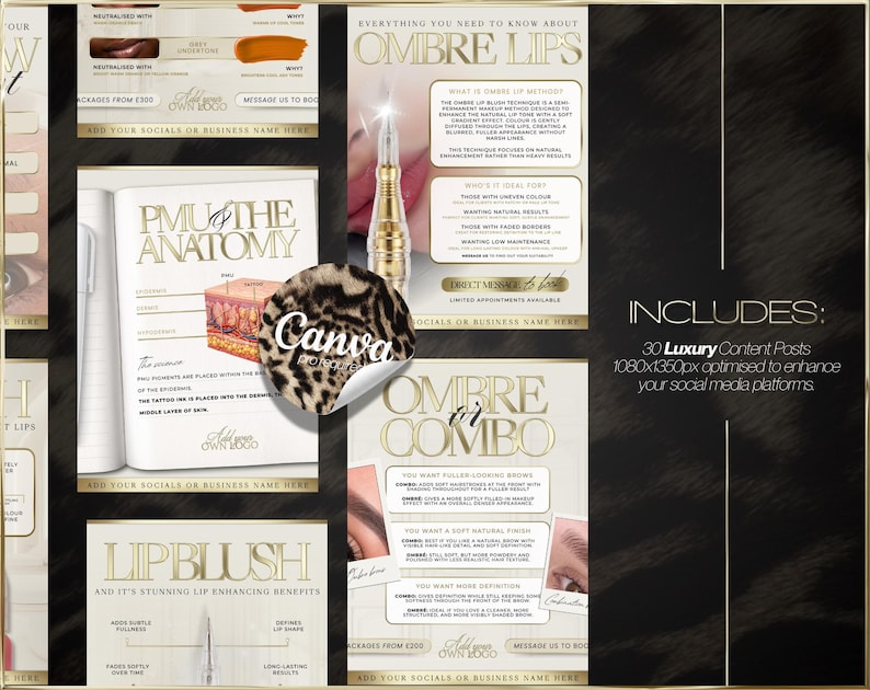 Lip Blush & PMU Brow Canva Templates Permanent Makeup Social Media