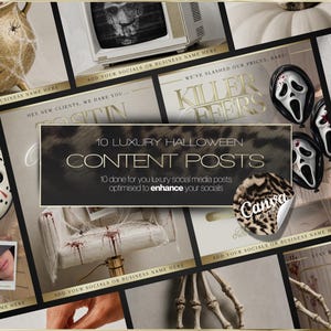 May include: A collection of ten luxury Halloween social media content templates featuring gold accents, horror movie masks, skeleton hands, and cobwebs. The central text reads 10 LUXURY HALLOWEEN CONTENT POSTS with a Canva sticker overlay.