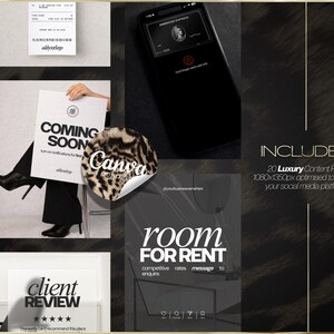 Puede incluir: Un gr&aacute;fico de marketing digital con un tema negro y dorado. La imagen incluye un tel&eacute;fono que muestra una tarjeta de cr&eacute;dito, un recibo y un letrero que dice "COMING SOON". Tambi&eacute;n es visible el texto "INCLUDES: 20 Luxury Content Posts".