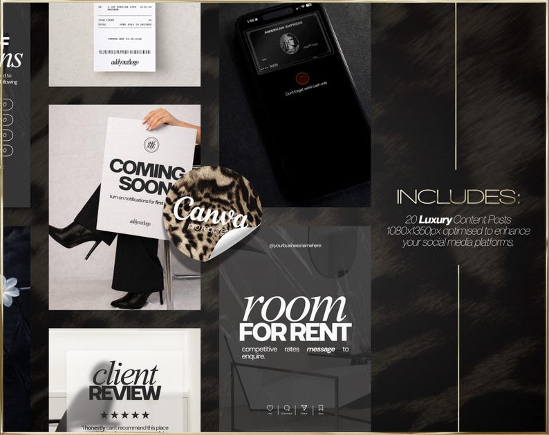 Puede incluir: Un gr&aacute;fico de marketing digital con un tema negro y dorado. La imagen incluye un tel&eacute;fono que muestra una tarjeta de cr&eacute;dito, un recibo y un letrero que dice "COMING SOON". Tambi&eacute;n es visible el texto "INCLUDES: 20 Luxury Content Posts".