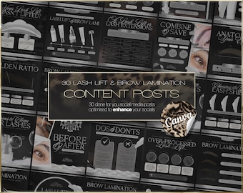 30 plantillas para redes sociales sobre lifting de pestañas y laminado de cejas (descarga digital)