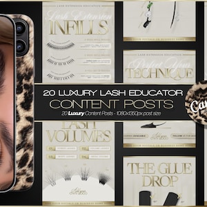 May include: Digital marketing content for lash extension education, featuring gold and black text and illustrations of lash styles. The design includes a leopard print phone case on the left side of the image.