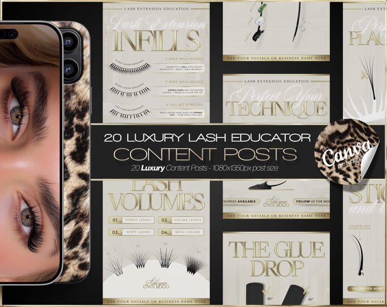 May include: Digital marketing content for lash extension education, featuring gold and black text and illustrations of lash styles. The design includes a leopard print phone case on the left side of the image.
