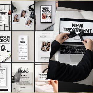 Puede incluir: Un collage promocional que incluye una computadora port&aacute;til con "NEW TREATMENT", un anuncio de sorteo y un mapa de ubicaci&oacute;n. Otros elementos incluyen fotos, un recibo y un horario, todo con una est&eacute;tica limpia y moderna.