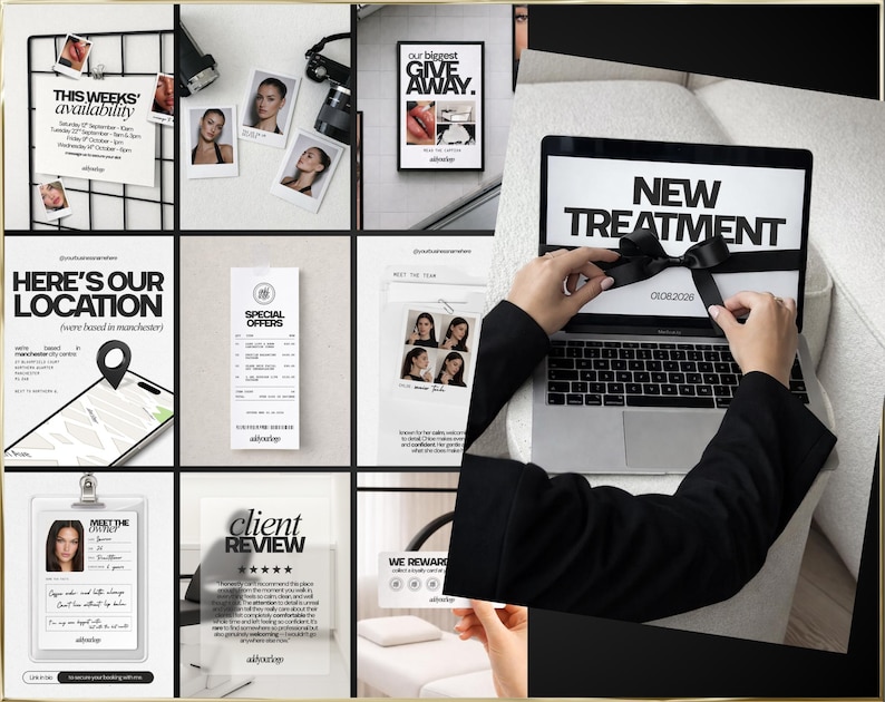 Puede incluir: Un collage promocional que incluye una computadora port&aacute;til con "NEW TREATMENT", un anuncio de sorteo y un mapa de ubicaci&oacute;n. Otros elementos incluyen fotos, un recibo y un horario, todo con una est&eacute;tica limpia y moderna.