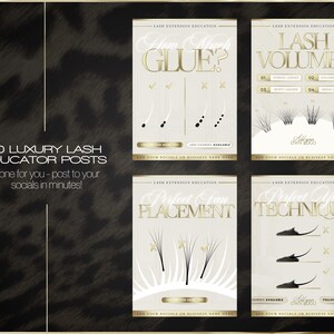 May include: Four educational lash extension posters with gold text on a cream background. Topics include glue, lash volumes, placement, and technique. The background is a dark leopard print pattern.