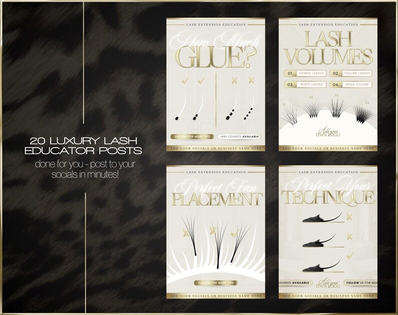 May include: Four educational lash extension posters with gold text on a cream background. Topics include glue, lash volumes, placement, and technique. The background is a dark leopard print pattern.