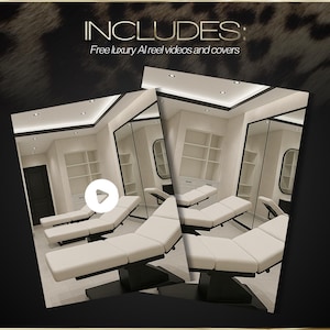 Puede incluir: La imagen muestra un interior de spa moderno con camas de tratamiento blancas y elegantes detalles en negro. El texto "INCLUDES: Free luxury AI reel videos and covers" se muestra en la parte superior. La est&eacute;tica general es limpia y profesional.