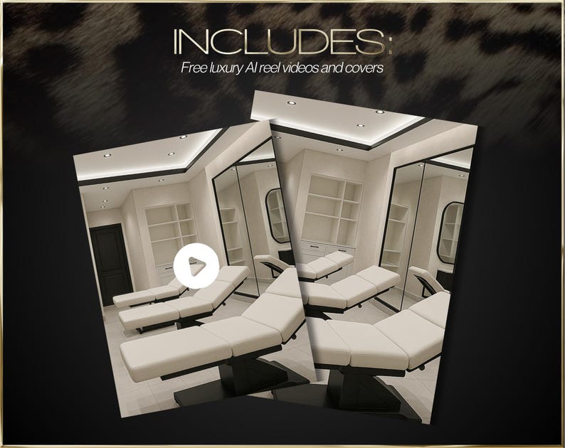 Puede incluir: La imagen muestra un interior de spa moderno con camas de tratamiento blancas y elegantes detalles en negro. El texto "INCLUDES: Free luxury AI reel videos and covers" se muestra en la parte superior. La est&eacute;tica general es limpia y profesional.