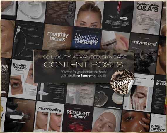 30 Minimalist Advanced Skincare Canva Templates | Luxury Clinic Social Media Posts | Instant Download