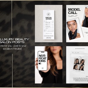 Puede incluir: Un conjunto de publicaciones para redes sociales de un sal&oacute;n de belleza. La imagen incluye un recibo con "SPECIAL OFFERS", un anuncio de "MODEL CALL", una pantalla de tel&eacute;fono con "NOTIFICATIONS" y una tarjeta de "MEET THE TEAM". El fondo tiene un estampado de leopardo.