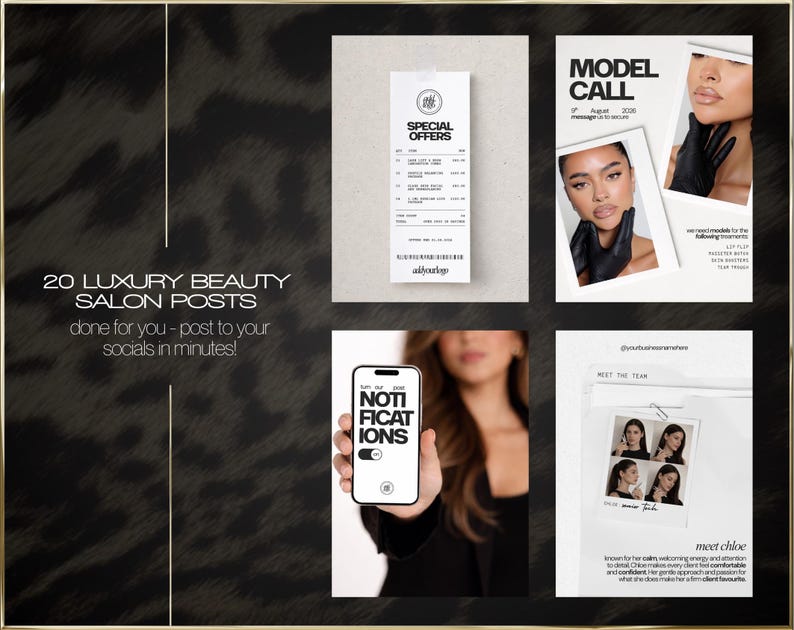 Puede incluir: Un conjunto de publicaciones para redes sociales de un sal&oacute;n de belleza. La imagen incluye un recibo con "SPECIAL OFFERS", un anuncio de "MODEL CALL", una pantalla de tel&eacute;fono con "NOTIFICATIONS" y una tarjeta de "MEET THE TEAM". El fondo tiene un estampado de leopardo.