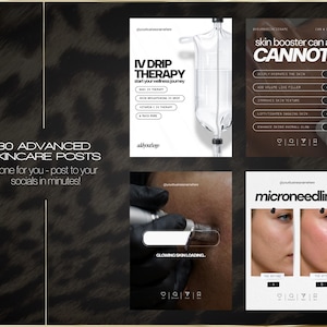 K&ouml;nnte beinhalten: Eine digitale Grafik mit Inhalten zum Thema Hautpflege. Das Bild enth&auml;lt Text &uuml;ber IV-Tropftherapie, Hautbooster und Microneedling. Der Hintergrund hat ein Leopardenmuster und goldene R&auml;nder. Der Text enth&auml;lt "30 Advanced Skincare Posts" und "Glowing Skin Loading."