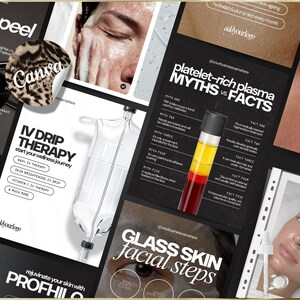 K&ouml;nnte beinhalten: Eine Collage von Werbematerialien f&uuml;r Hautpflege und Wellness. Enth&auml;lt Texte wie "IV Drip Therapy", "Mythen vs. Fakten &uuml;ber pl&auml;ttchenreiches Plasma" und "Glass Skin Facial Steps". Das Bild zeigt einen medizinischen Infusionsbeutel, ein Reagenzglas und Nahaufnahmen von Haut.