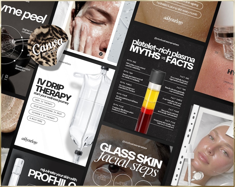 K&ouml;nnte beinhalten: Eine Collage von Werbematerialien f&uuml;r Hautpflege und Wellness. Enth&auml;lt Texte wie "IV Drip Therapy", "Mythen vs. Fakten &uuml;ber pl&auml;ttchenreiches Plasma" und "Glass Skin Facial Steps". Das Bild zeigt einen medizinischen Infusionsbeutel, ein Reagenzglas und Nahaufnahmen von Haut.
