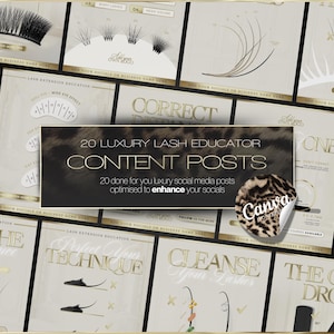 May include: A collection of twenty digital social media templates for lash educators, featuring a beige and gold color palette with leopard print accents. The text reads 20 LUXURY LASH EDUCATOR CONTENT POSTS and includes various lash diagrams.