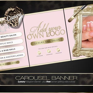 Nageltekniker Instagram-karusell Canva-mall | Lyxig nagelsalongsbannerdesign | Direktnedladdning