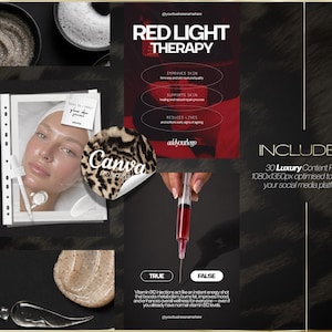 K&ouml;nnte beinhalten: Werbebild mit einem Schwarz-Gold-Thema, das Text &uuml;ber Rotlichttherapie und das Gesicht einer Frau zeigt. Das Bild enth&auml;lt eine Spritze, Hautpflegeprodukte und einen Canva-Aufkleber. Der Text enth&auml;lt "Luxury Content Posts".