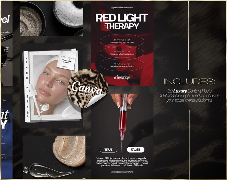 K&ouml;nnte beinhalten: Werbebild mit einem Schwarz-Gold-Thema, das Text &uuml;ber Rotlichttherapie und das Gesicht einer Frau zeigt. Das Bild enth&auml;lt eine Spritze, Hautpflegeprodukte und einen Canva-Aufkleber. Der Text enth&auml;lt "Luxury Content Posts".