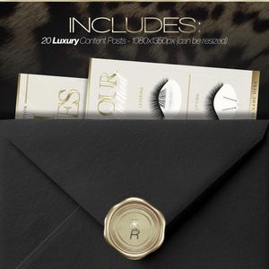 May include: A black envelope with a gold wax seal, containing white cards with gold lettering. The cards feature text and illustrations related to eyelash extensions. The background has a leopard print design and the text "INCLUDES: 20 Luxury Content Posts".